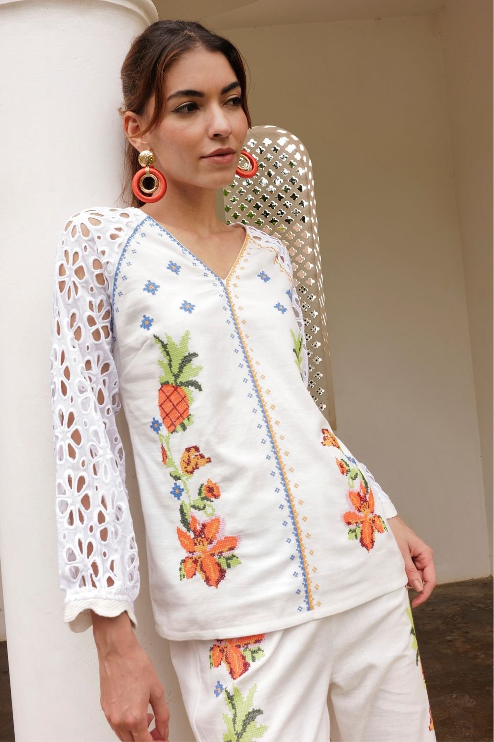 White Cotton Linen Embroidered V-Neck Cutwork Sleeve Blouse