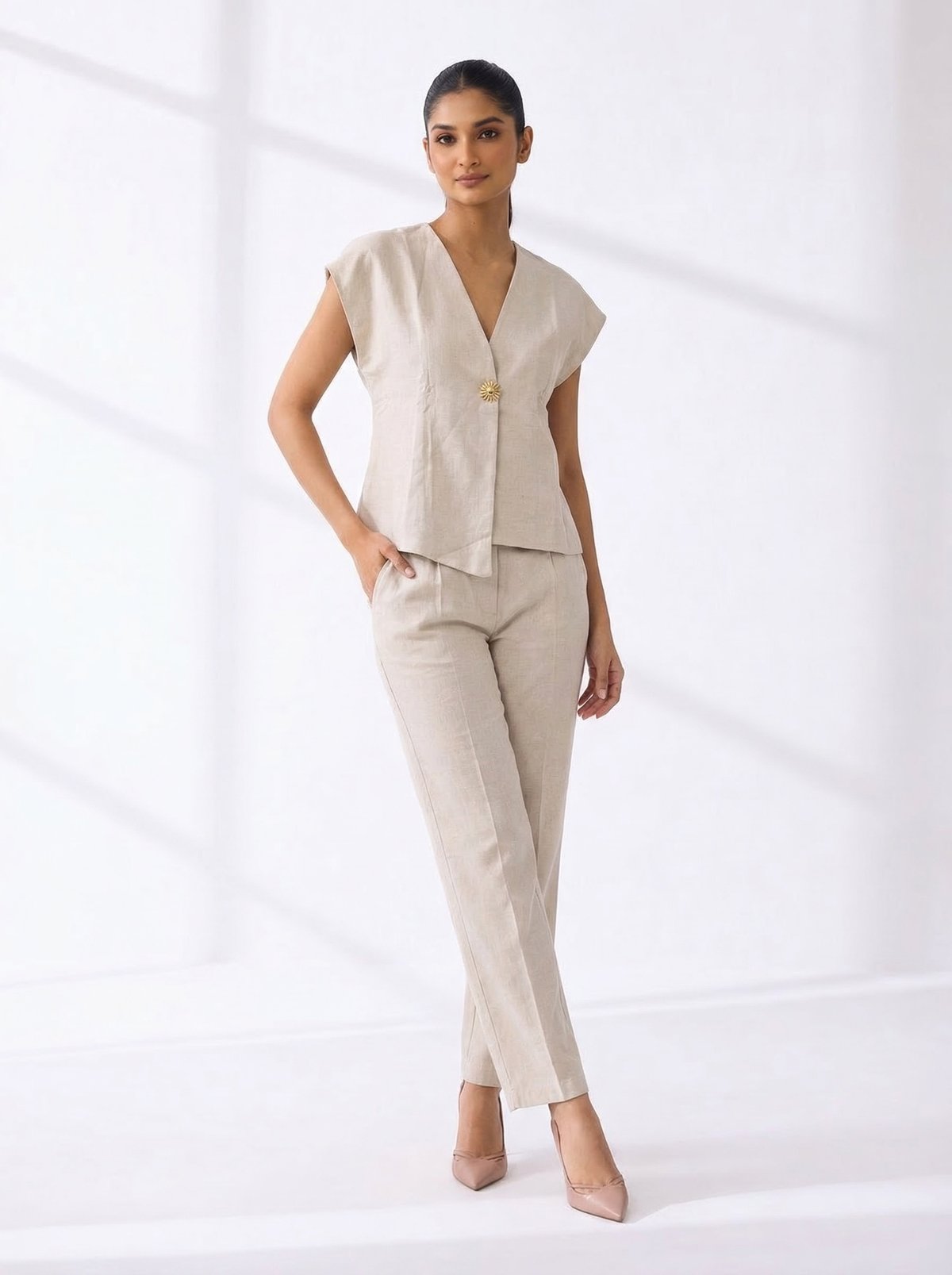 Natural Cotton V-Neck Top and Pant Co-ord Set