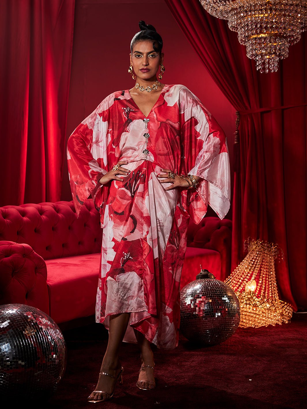 Scarlet Red Floral Printed Midi Kaftan