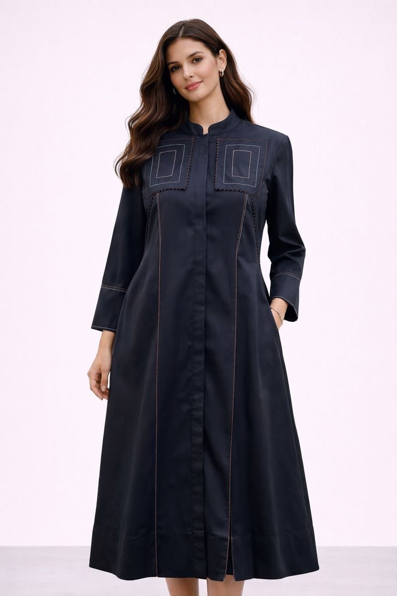 Black Suiting Midi Shirt Dress with Concealed Placket
