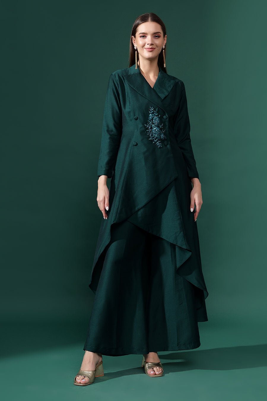 Green Cotton Silk Crystal Embellished Co-ord Set