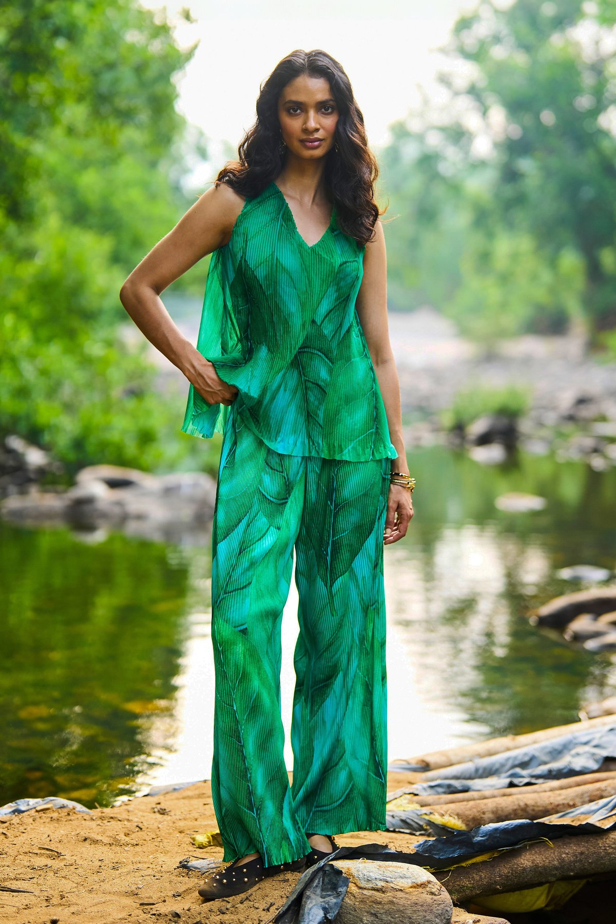 Leaf Green Pleated Printed Wide-Leg Trousers