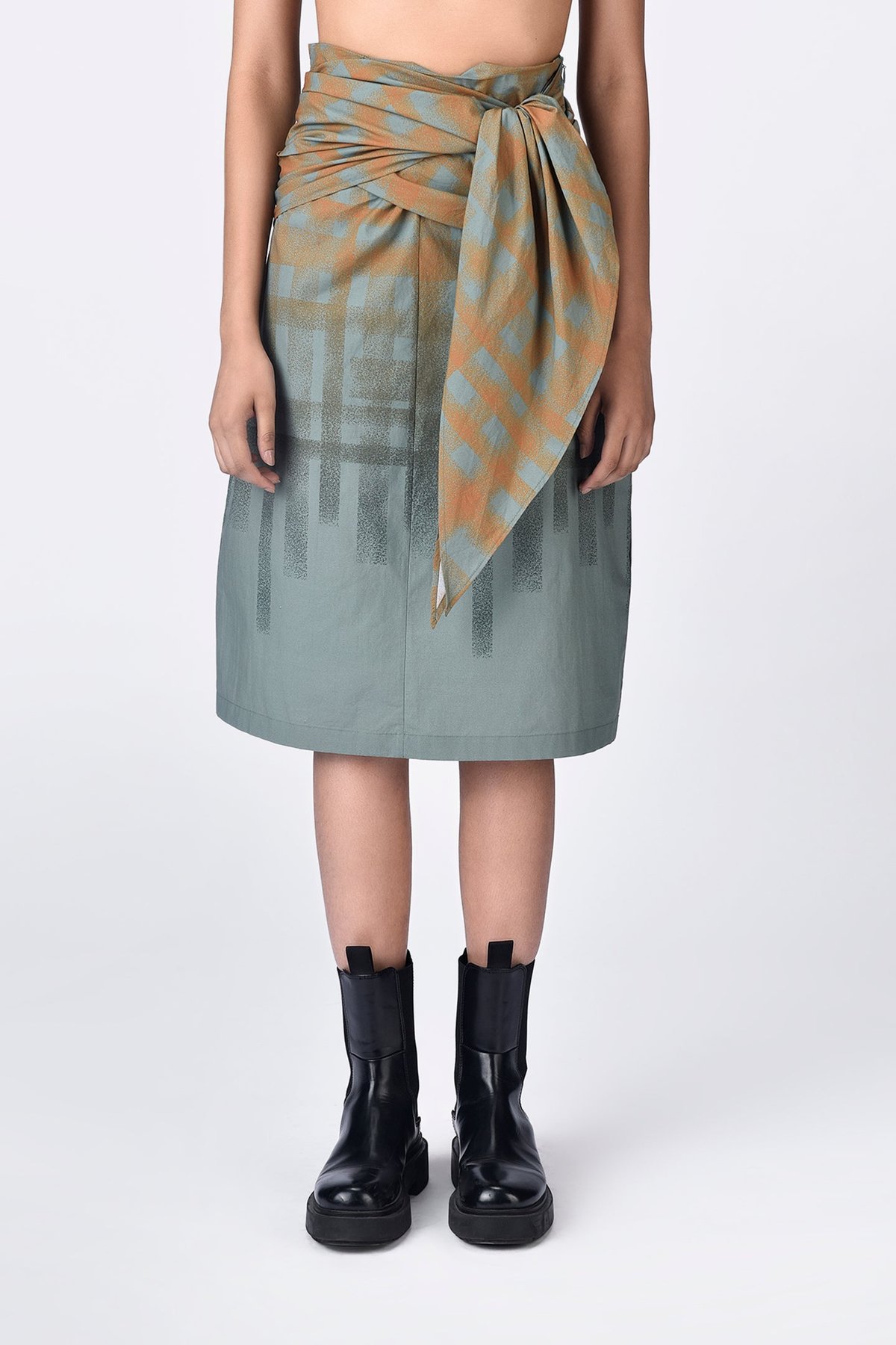 Beige Cotton Poplin Midi Skirt with Draped Tie-Up Waist