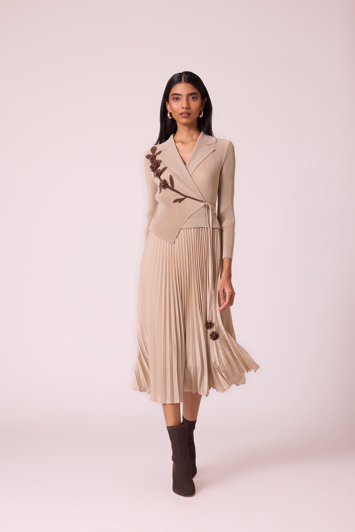Sand Beige Wrap Midi Dress with Pleated Skirt