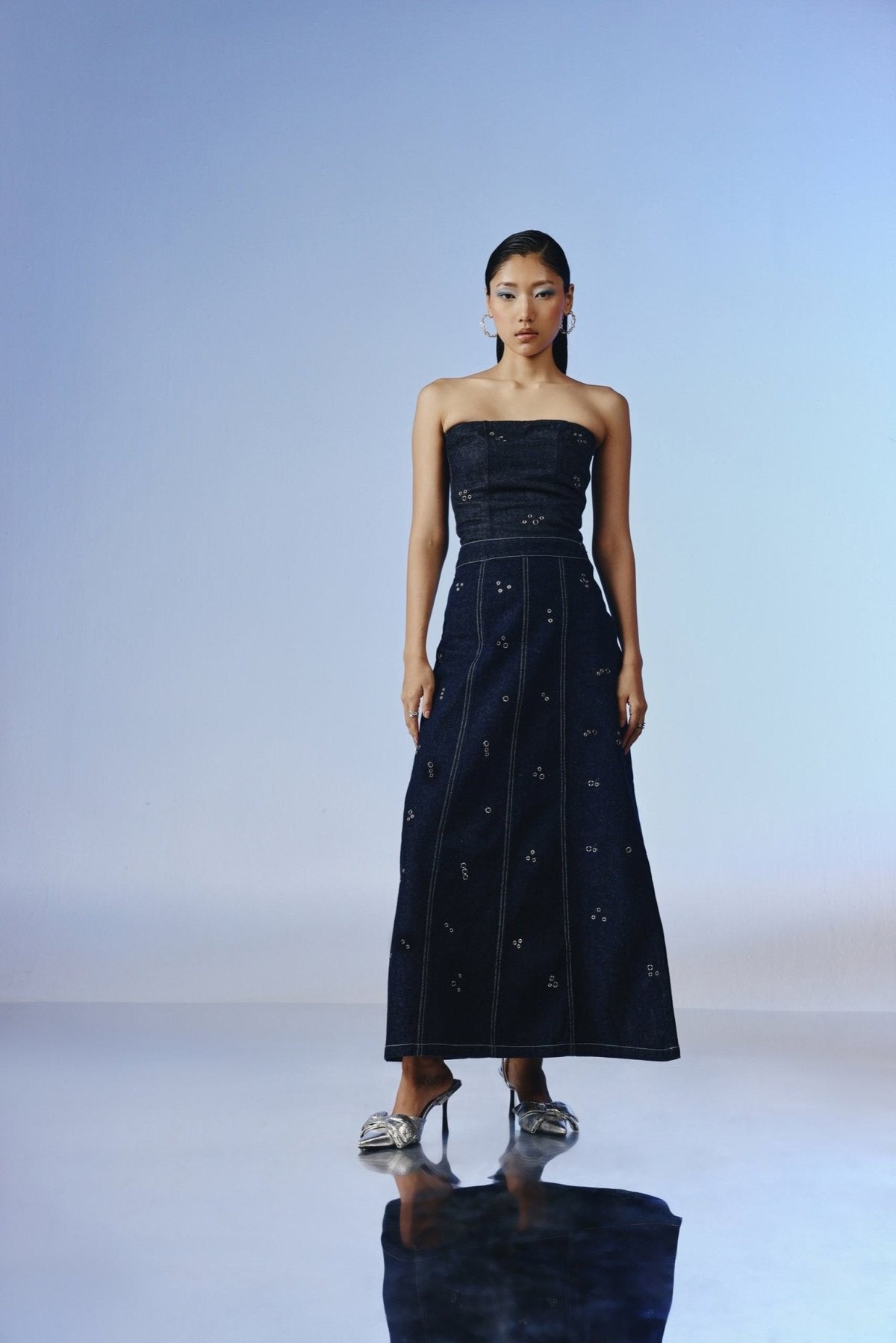 Deep Indigo Strapless Denim Top with Eyelet Detail