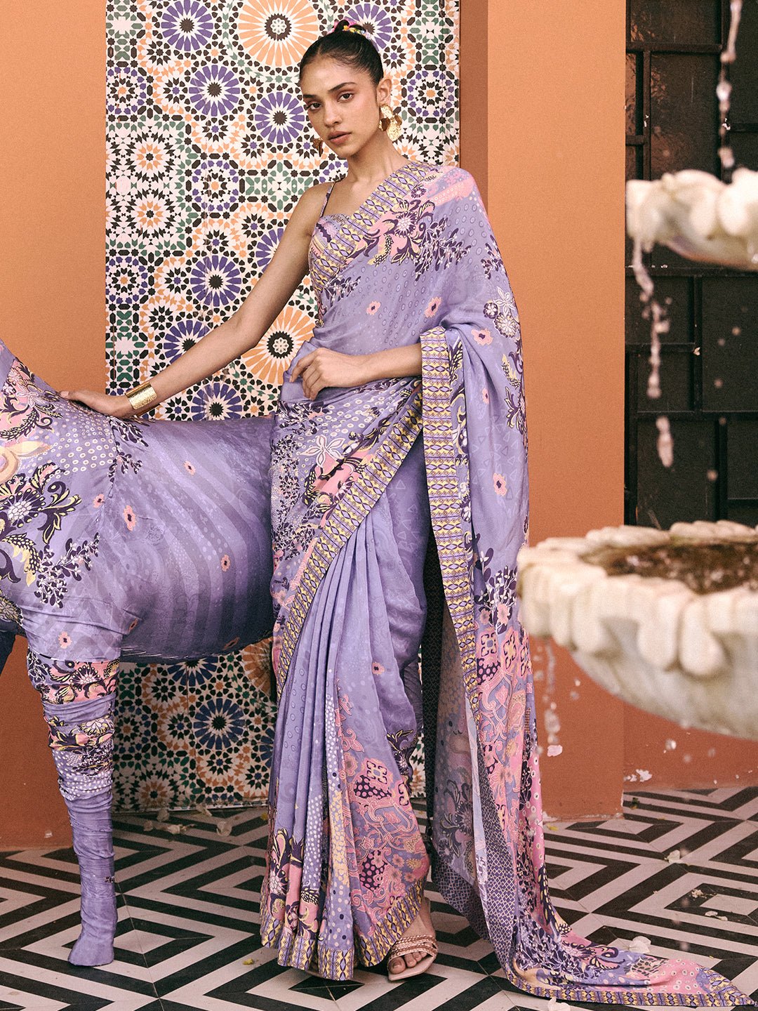 Purple Printed Natural Crepe Saree with Unstitched Blouse