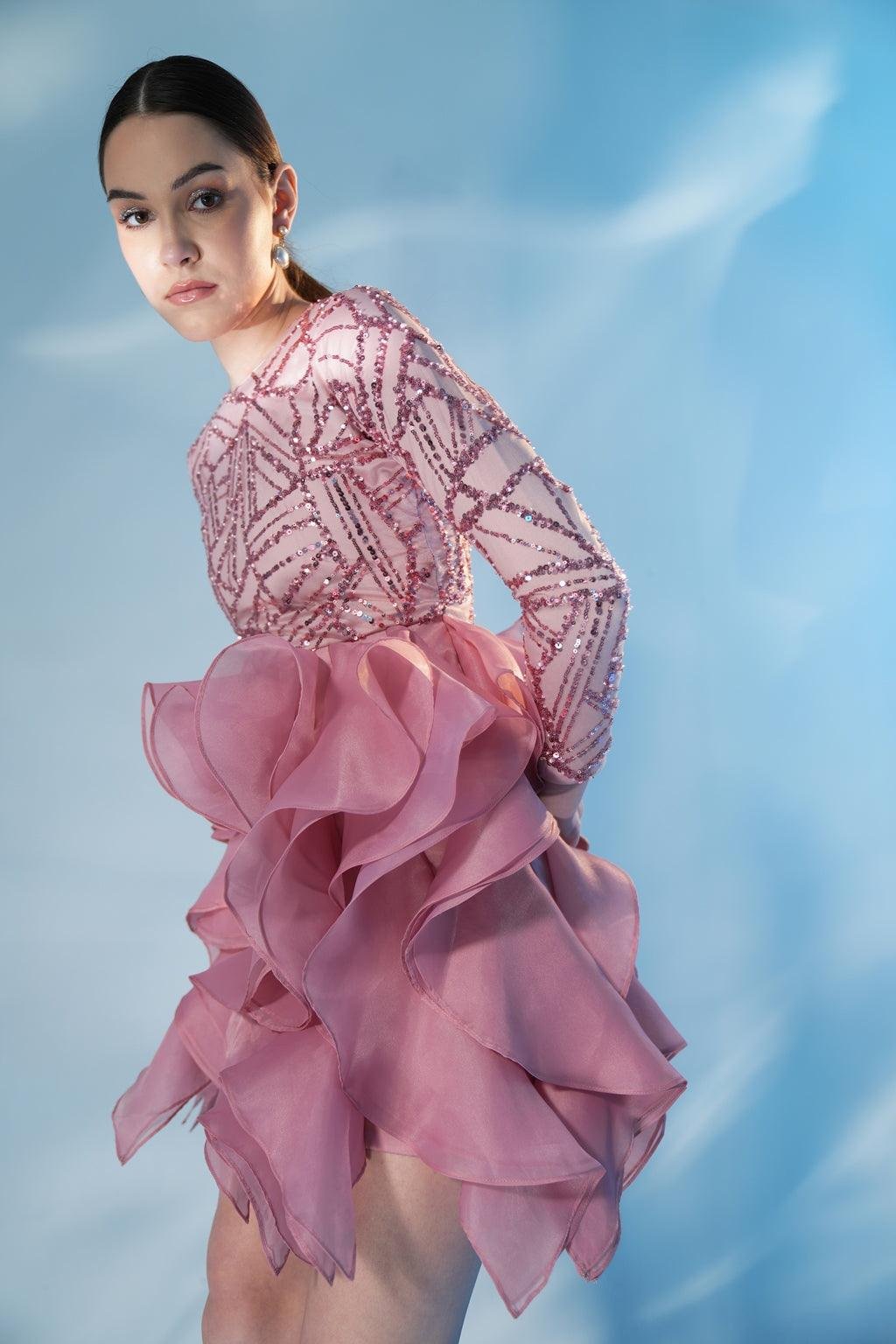 Rose Sequin Mesh Organza Ruffle Mini Dress