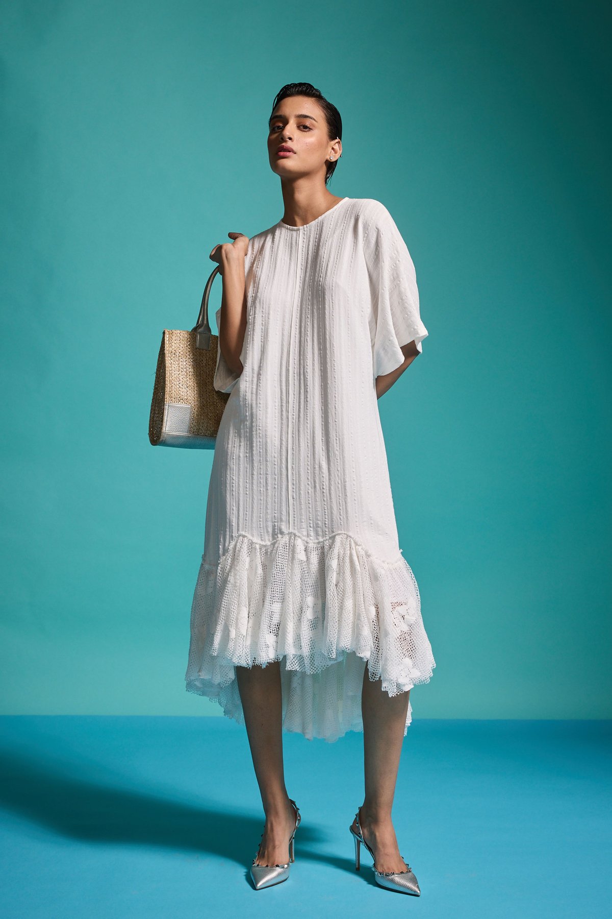 White Cotton Jersey Jacquard Lace Hem High-Low Midi Dress