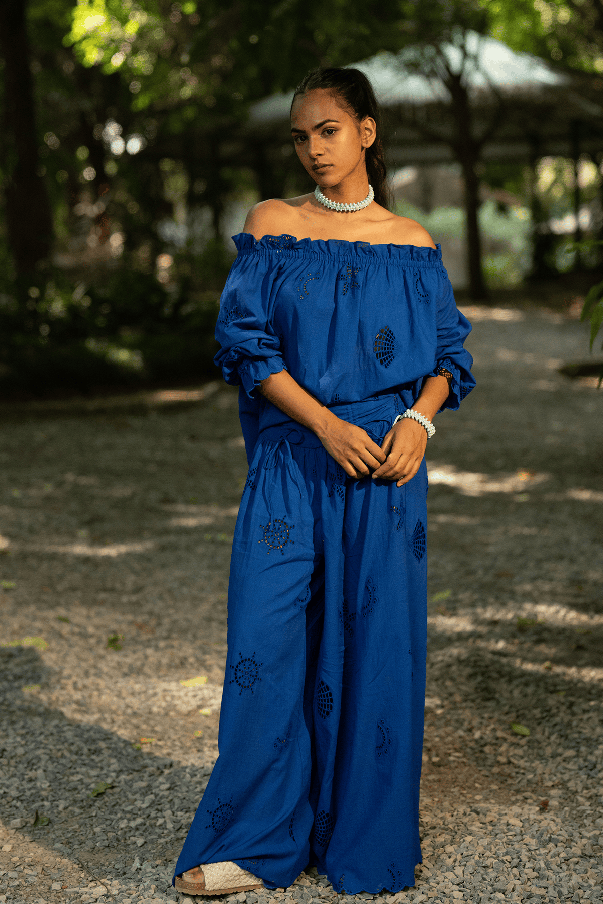 Blue Wide-Leg Cotton Cutwork Trousers with Drawstring Waist
