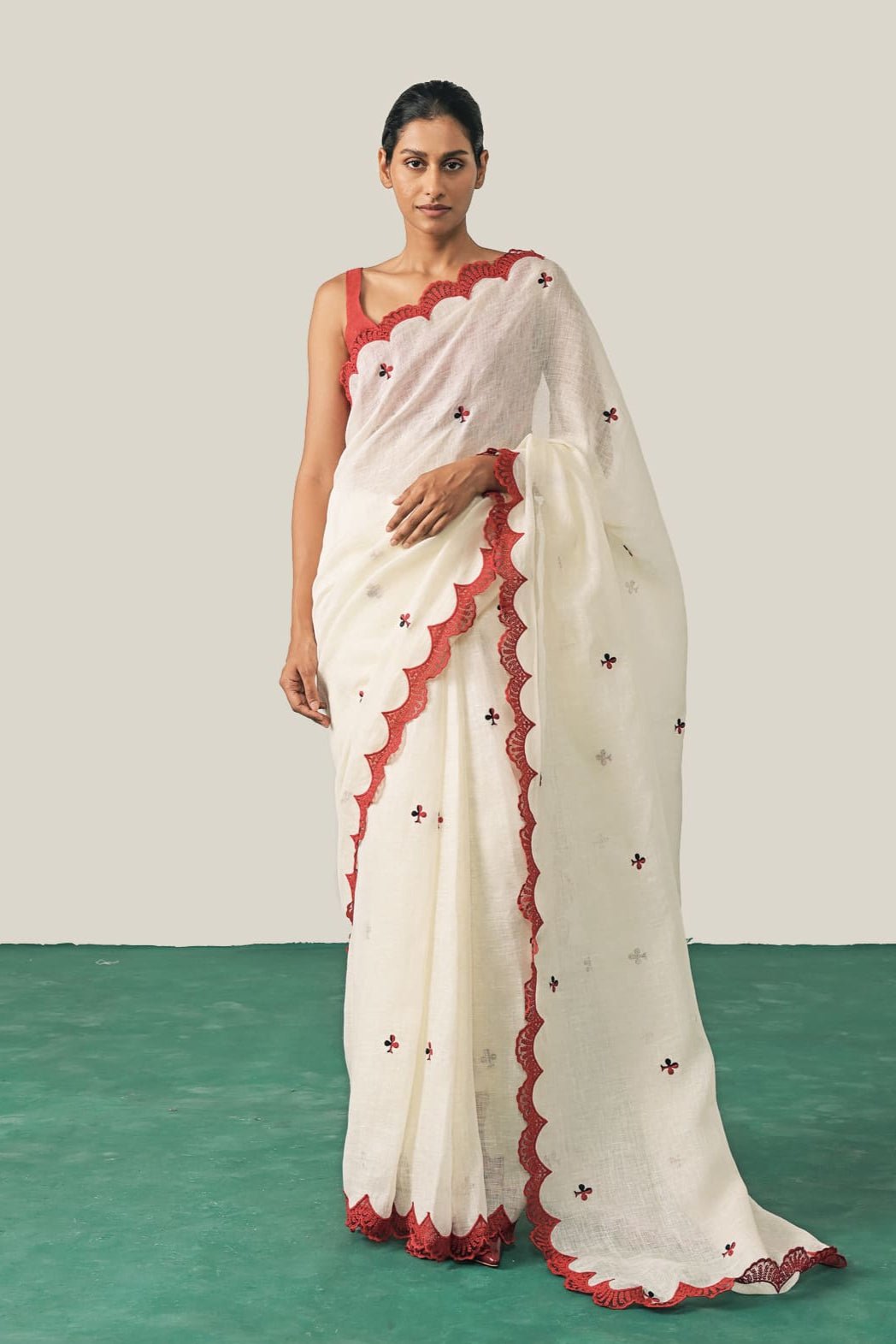 Ivory Gauze Linen Saree with Red Scalloped Border