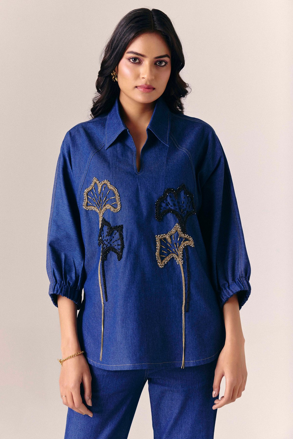 Dark Blue Denim Pullover Shirt with Handwork Detail