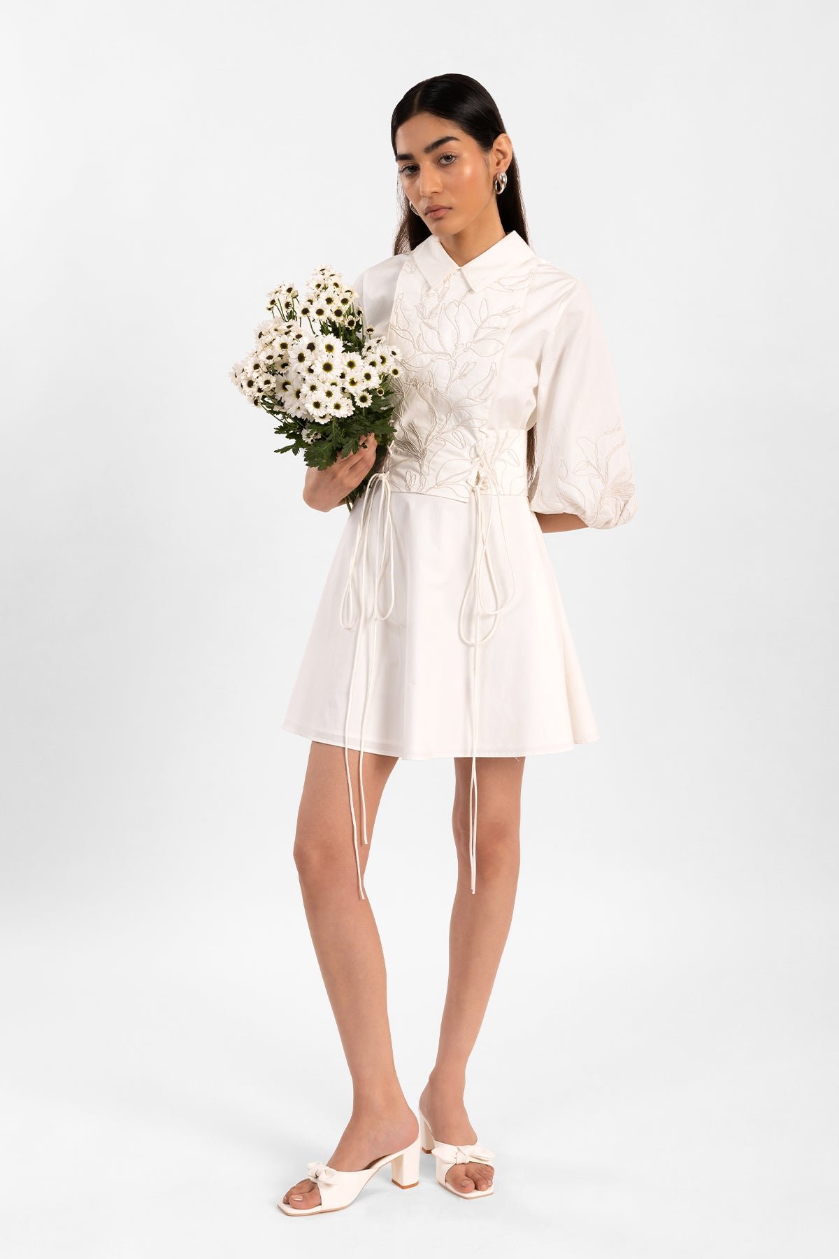 White Embroidered Shirt Collar Fit and Flare Mini Dress