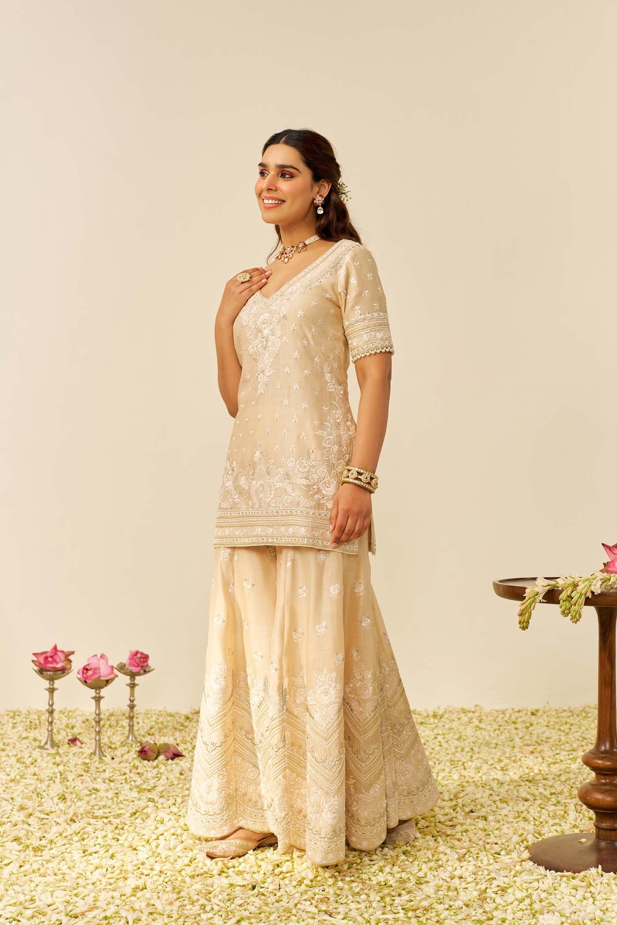 Beige Embroidered Short Kurta and Sharara Set