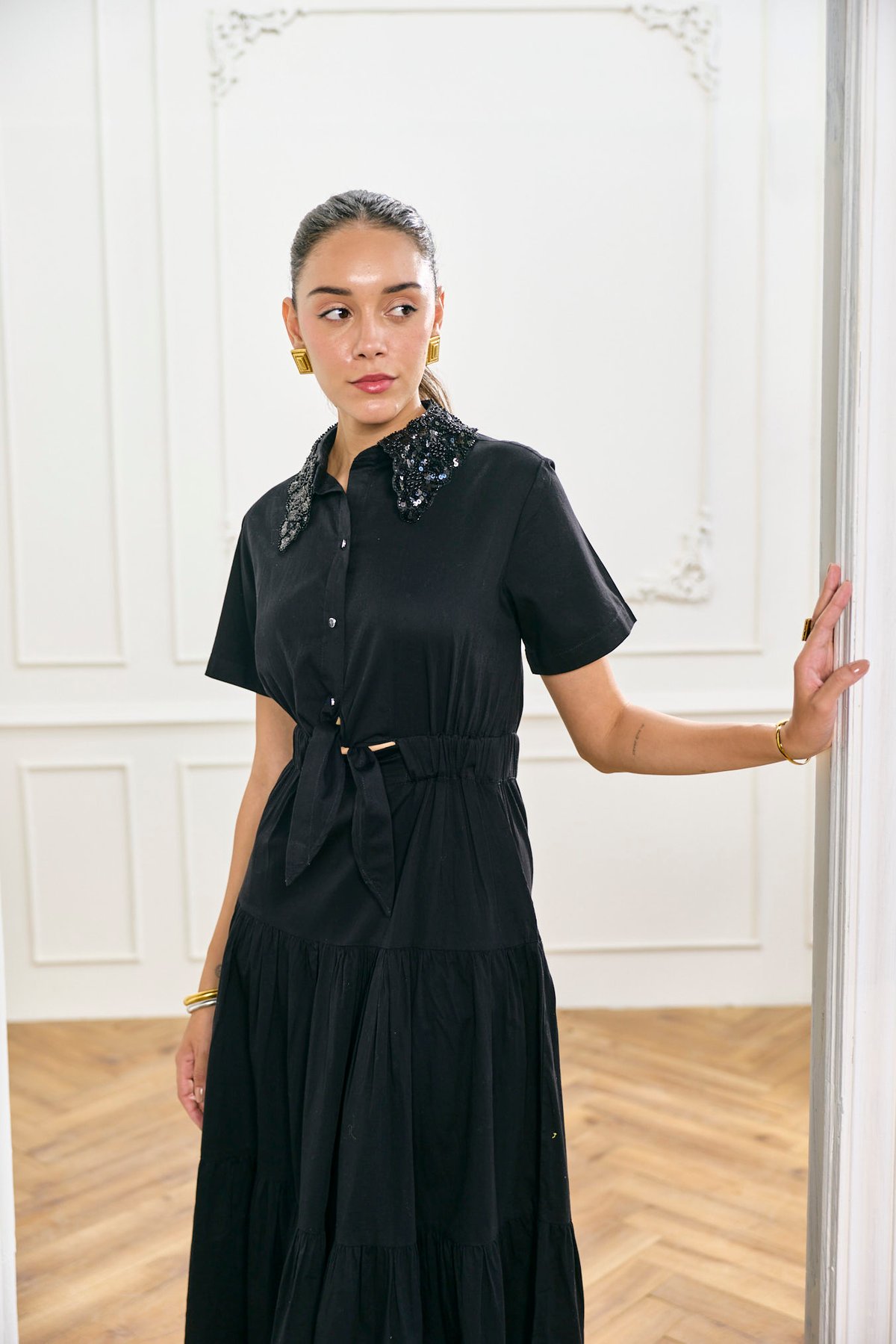 Black Cotton Satin Maxi Shirt Dress with Embellished Collar
