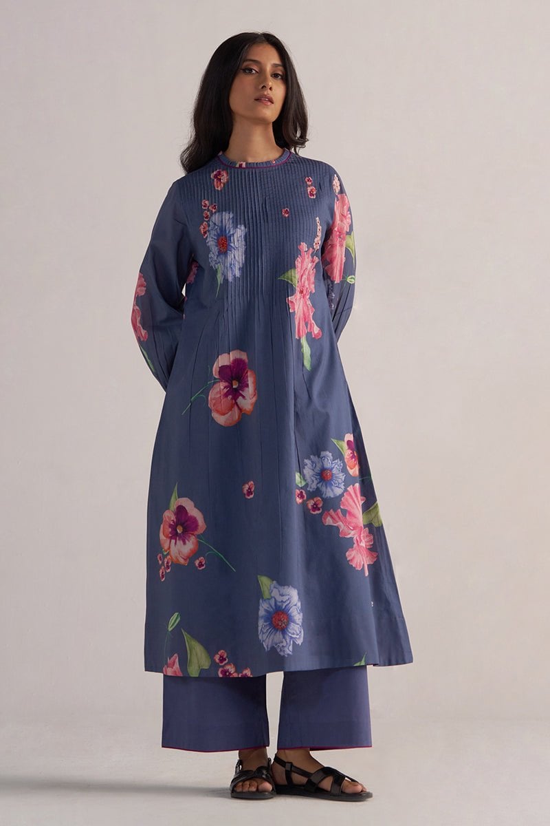 Nightshadow Blue Floral A-Line Co-ord Set with Wide-Leg Pants