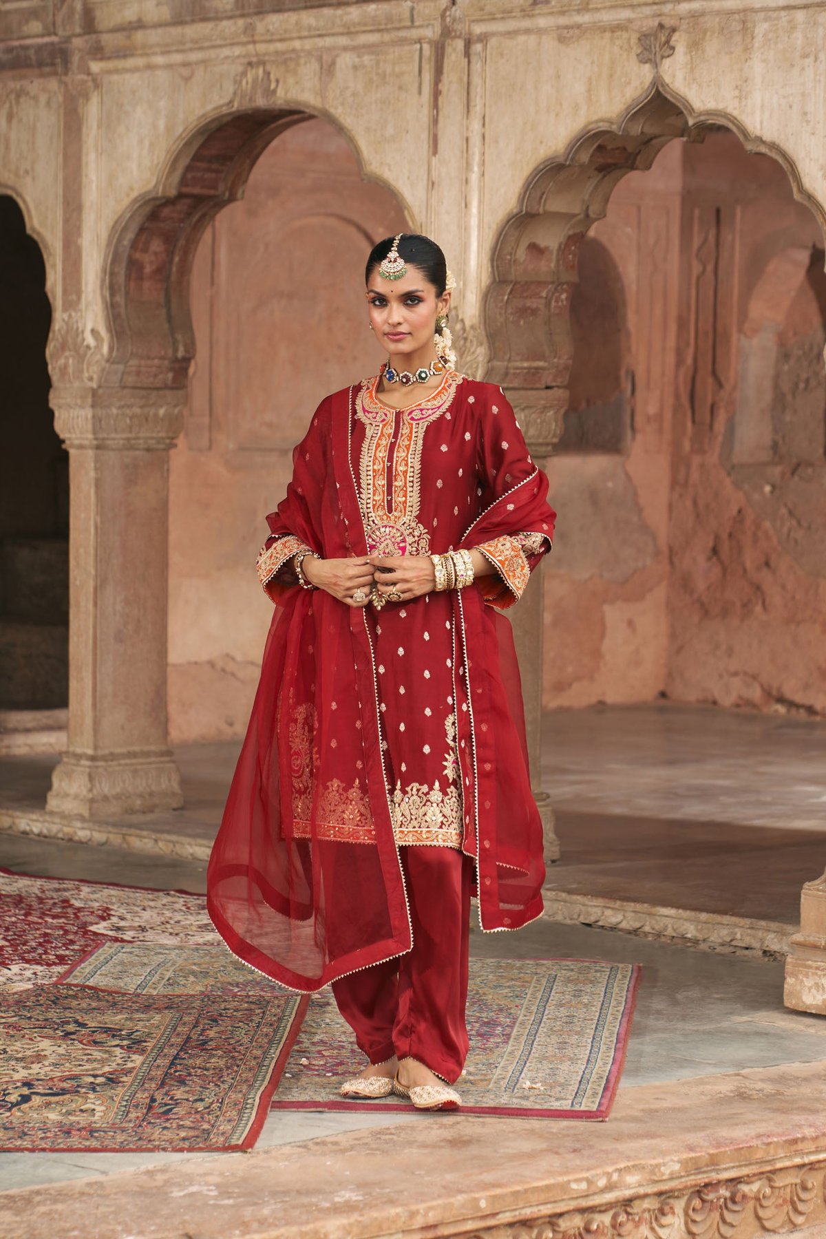 Deep Red Embroidered Straight Kurta Set with Salwar