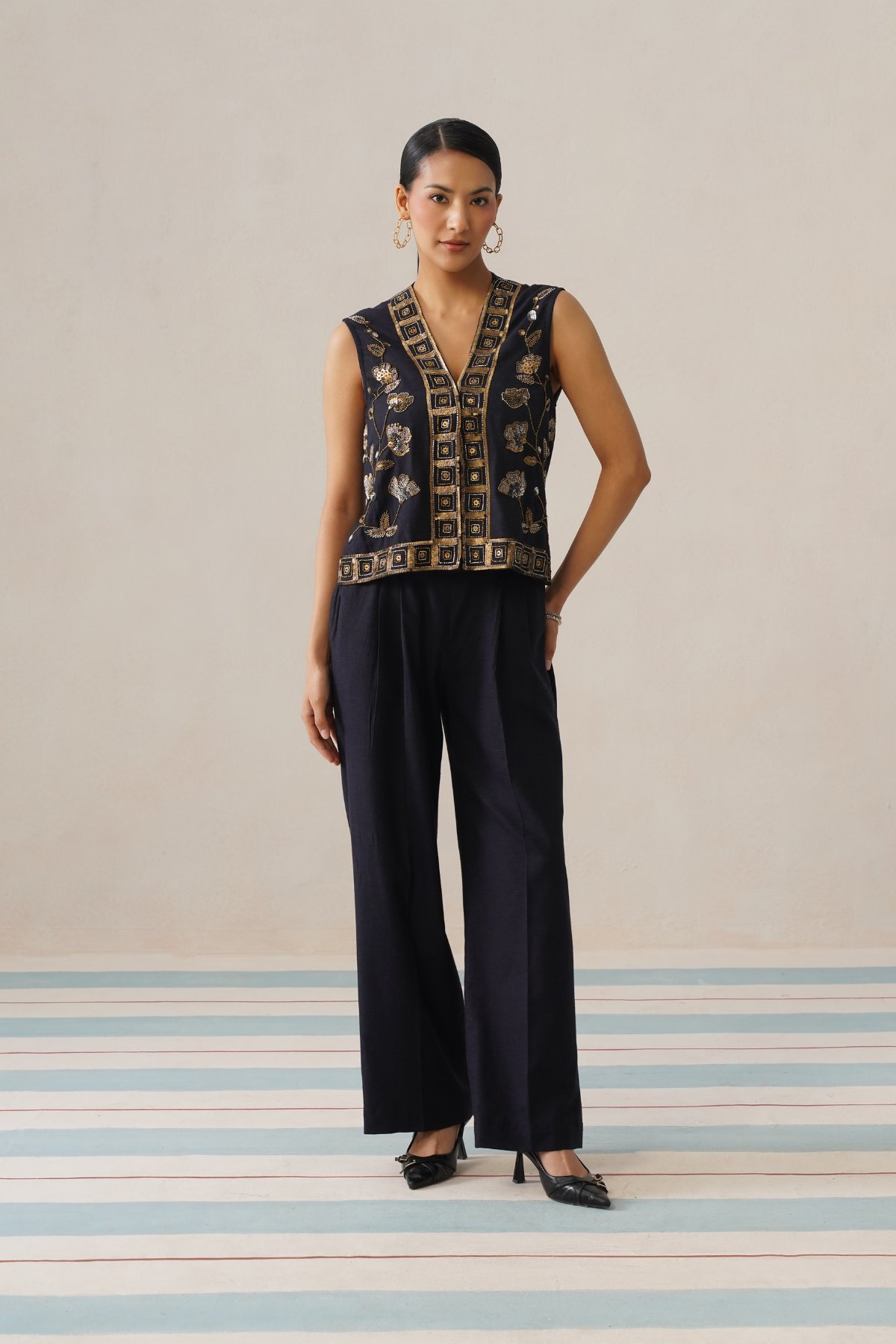 Imperial Navy Embroidered Vest and Wide-Leg Co-ord Set
