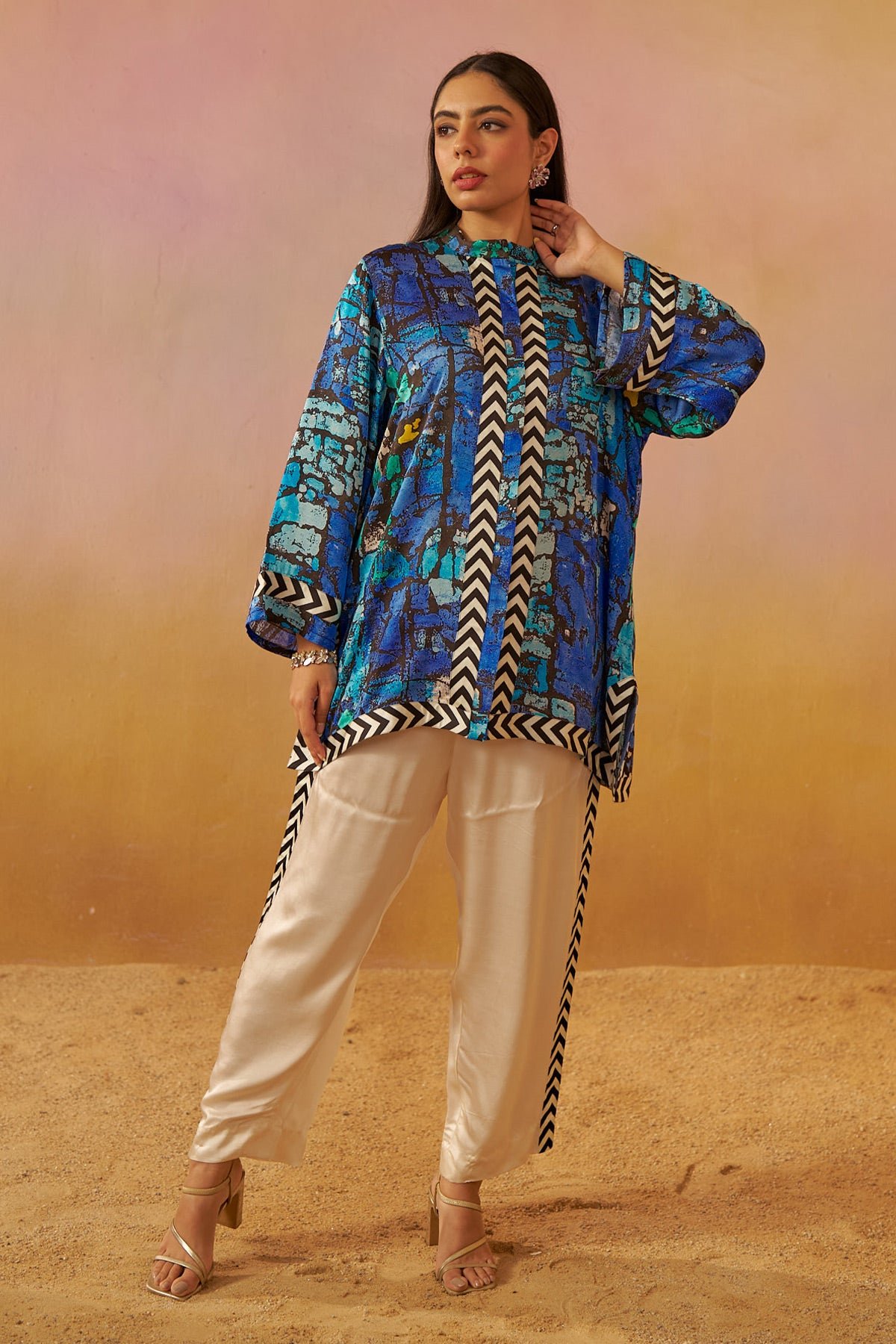Blue Abstract Print Tunic and Pants Co-ord Set