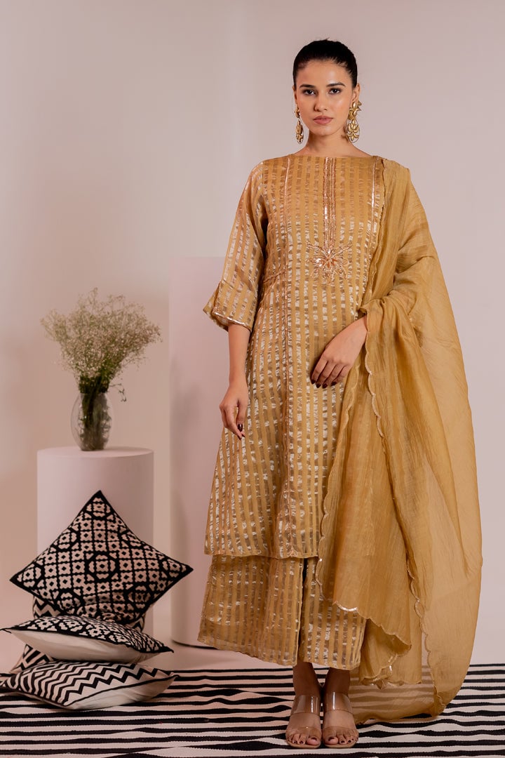 Gold Zari Striped Chanderi Kurta Set with Dupatta