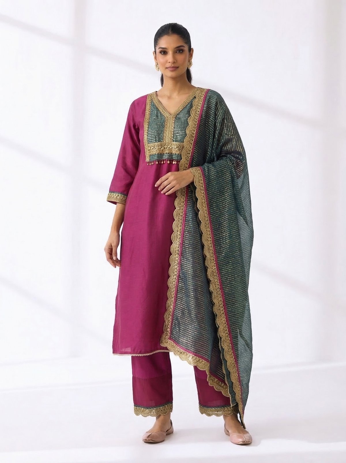 Magenta Straight Chanderi Kurta Set with Contrast Dupatta