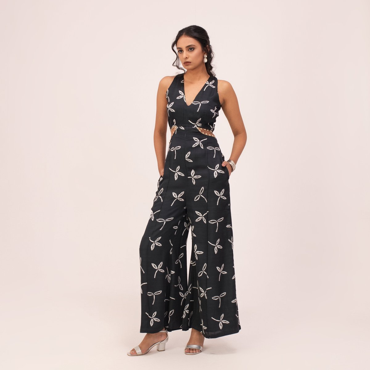 Black Shibori Print Wide-Leg Jumpsuit with Waist Cut-Outs
