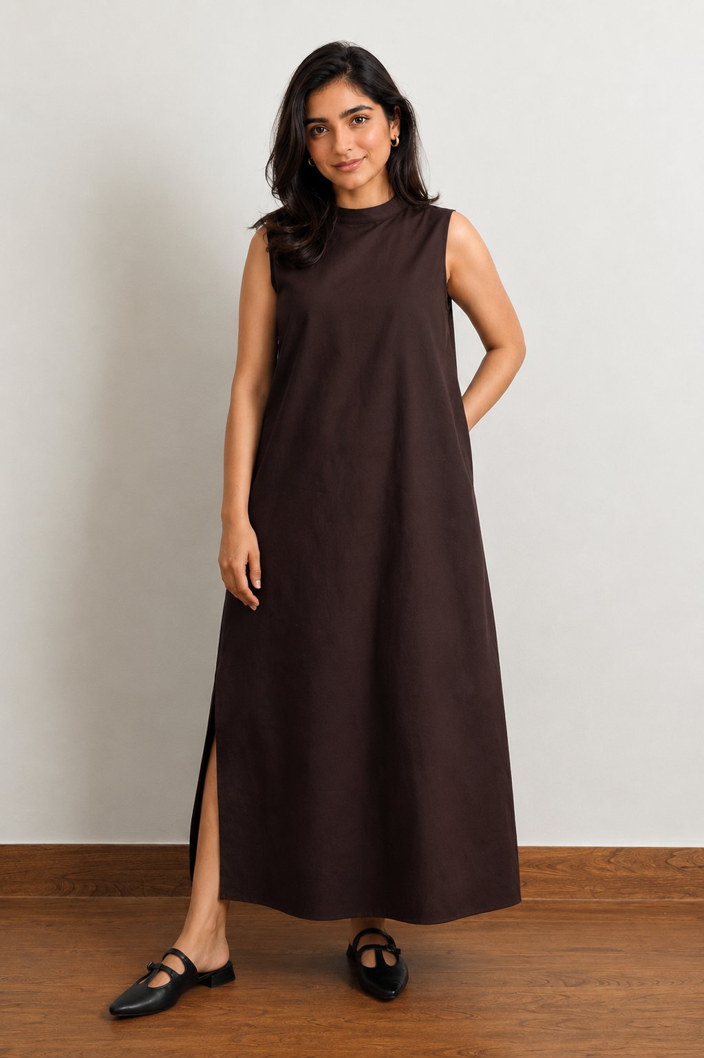 Chocolate Brown Sleeveless High Neck Maxi Dress