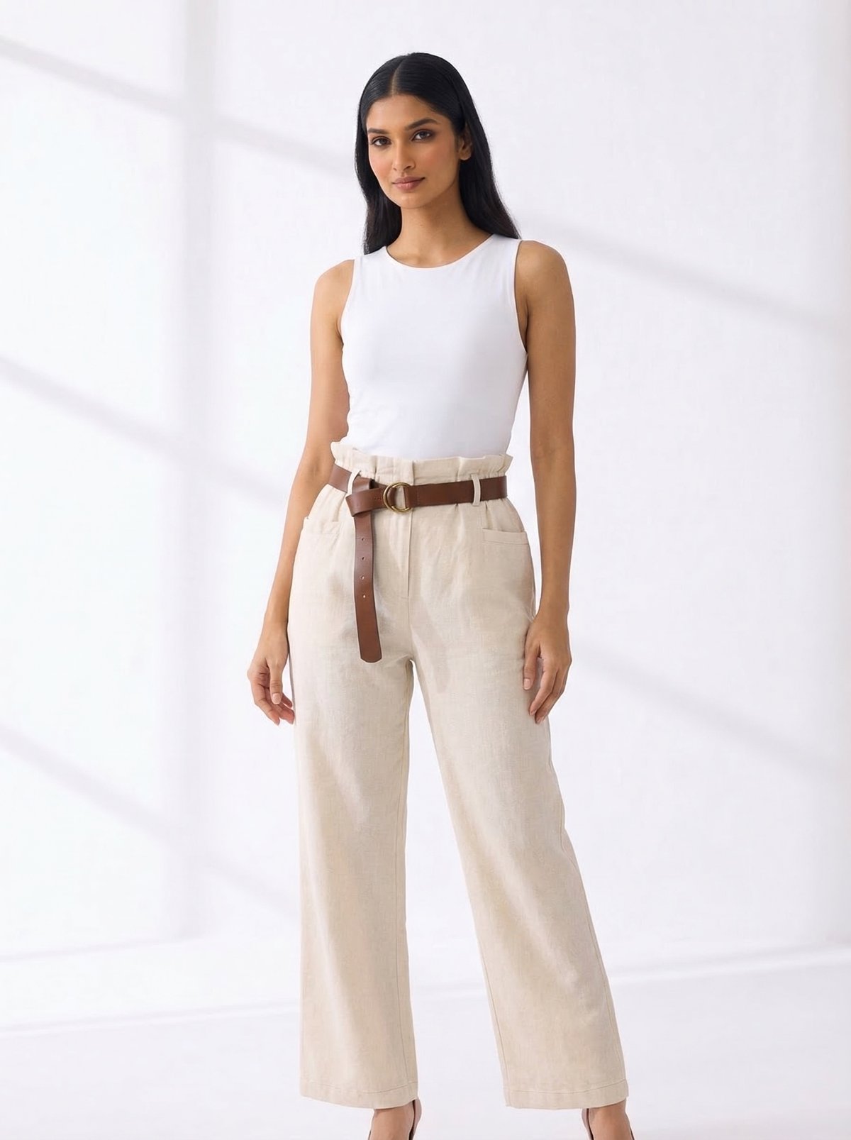 Beige High-Rise Wide-Leg Trousers with Belt