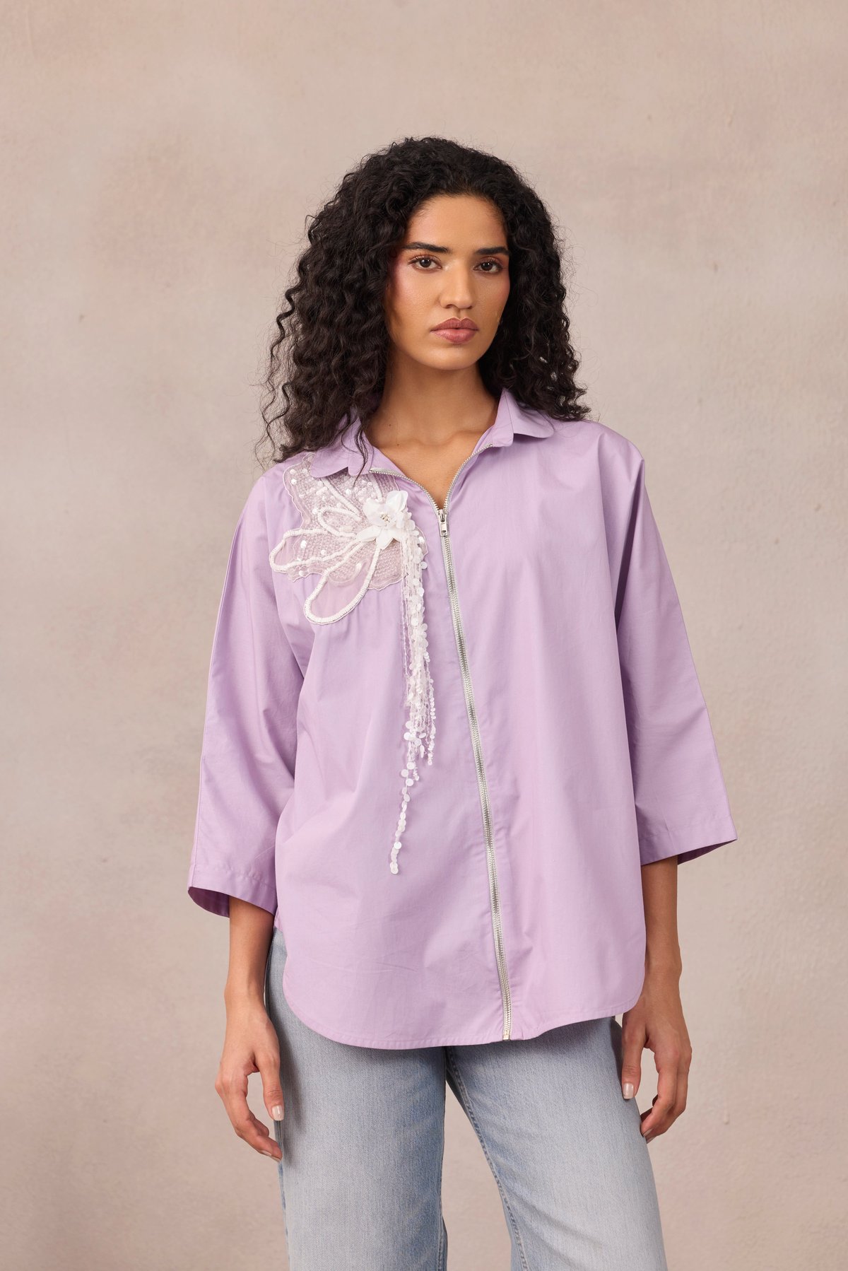 Sweet Lavender Zip-Front Shirt with Floral Applique