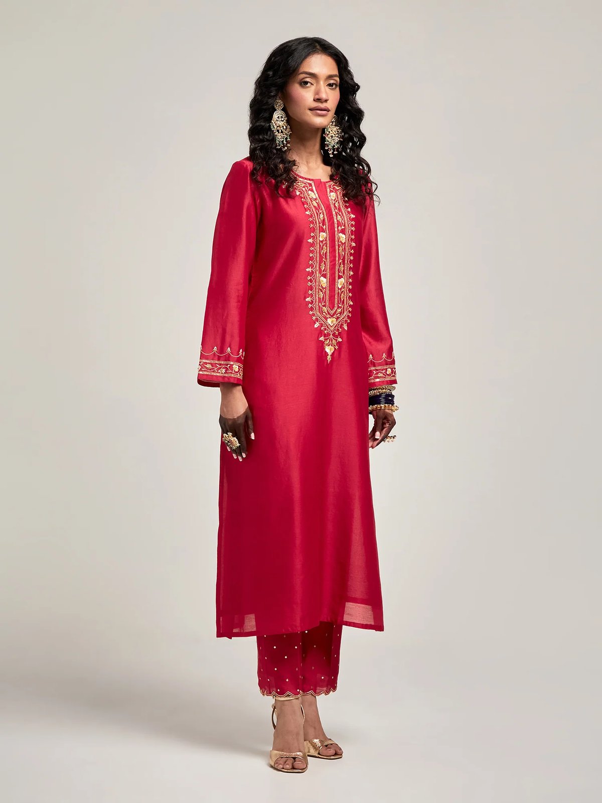 Red Silk Chanderi Embroidered Placket Straight Kurta