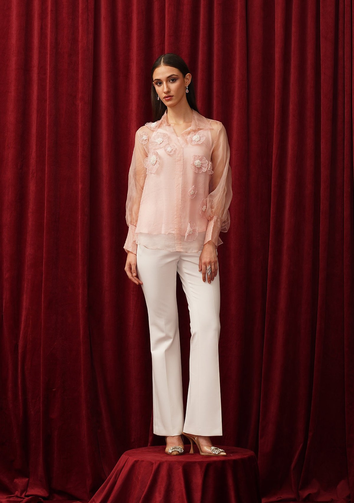 Pink Embroidered Sheer-Look Co-ord Set with Flared Trousers