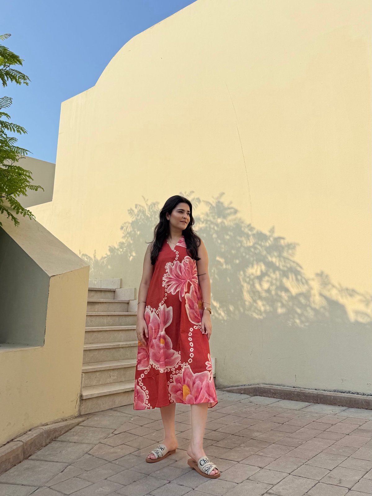 Red/Pink Floral Printed Sleeveless Midi Dress
