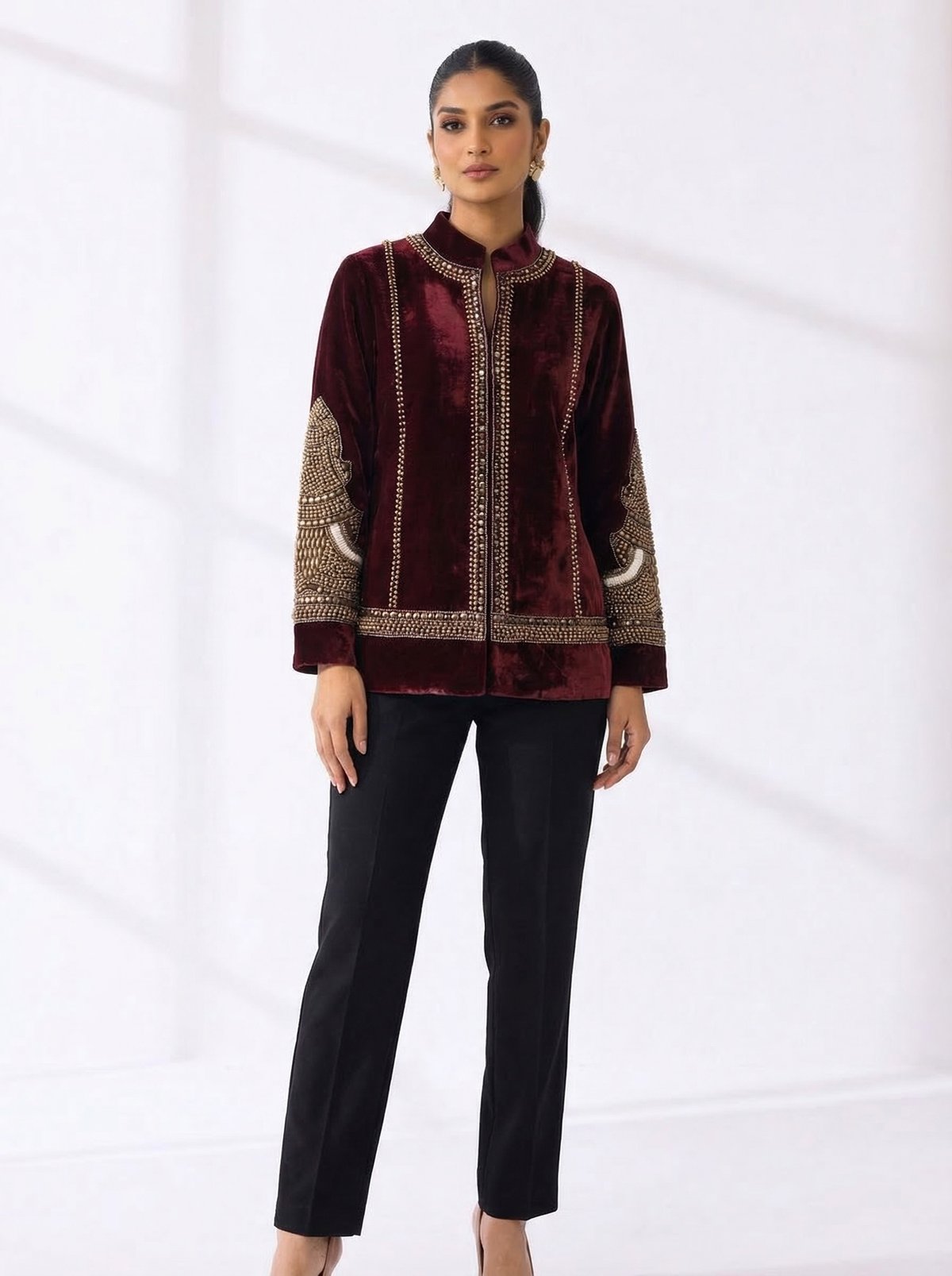Burgundy Velvet Embroidered Mandarin Collar Jacket
