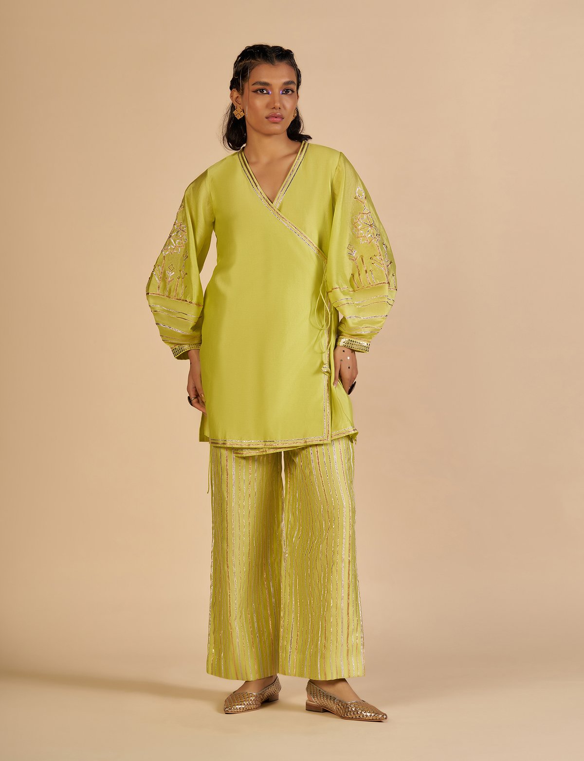 Lime Green Wide-Leg Metallic Stripe Trousers