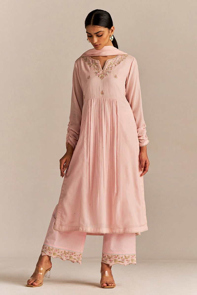 Crystal Pink Embroidered A-Line Kurta Set with Dupatta