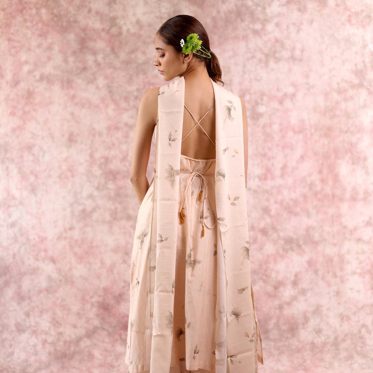 Beige Floral Printed Strappy Kurta Set with Pants