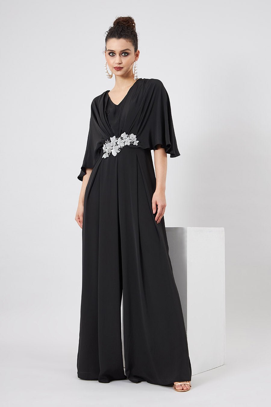 Black Silk Crepe Cape Sleeve Wide-Leg Jumpsuit