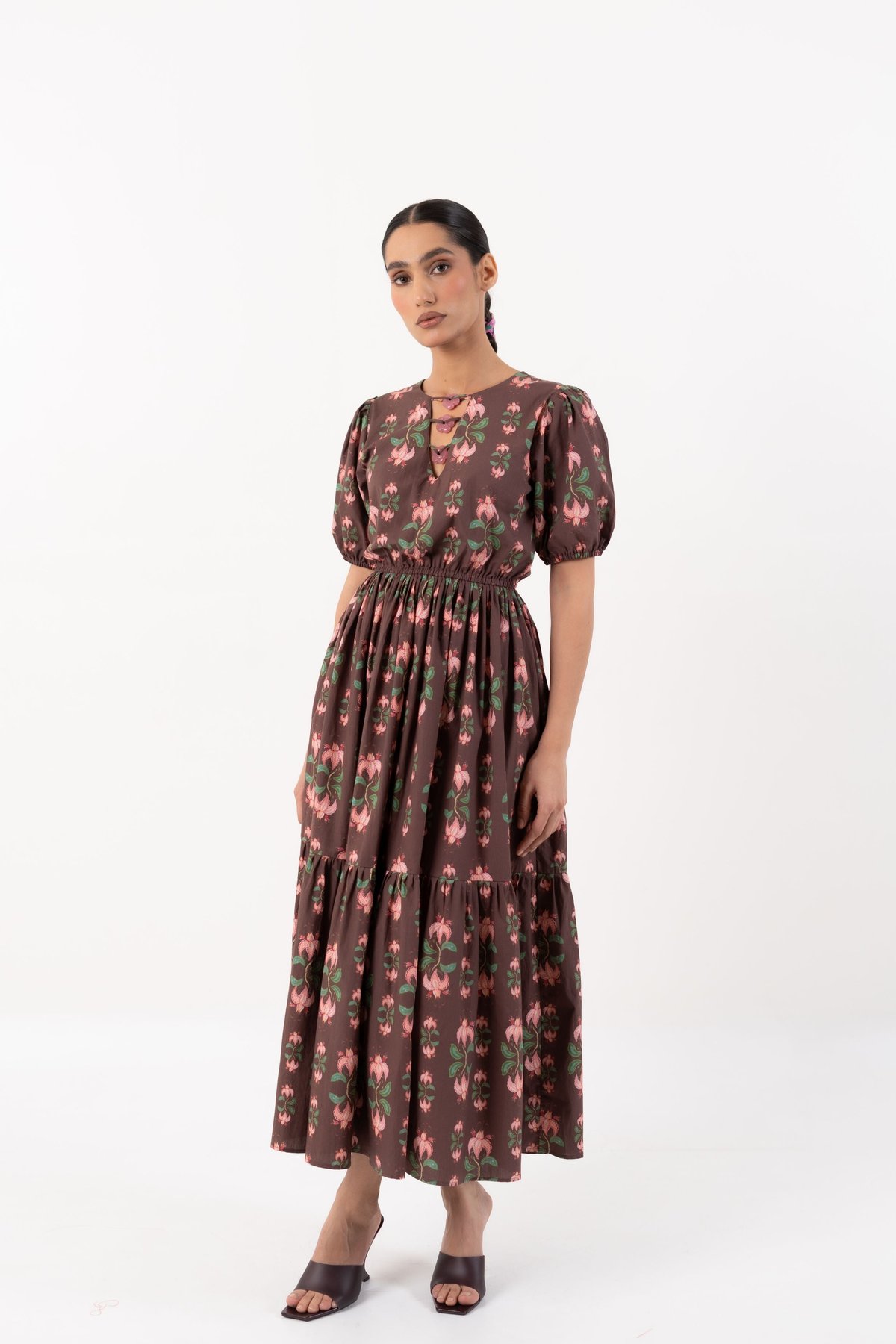 Brown Floral Tiered Cotton Midi Dress with Crystal Neckline