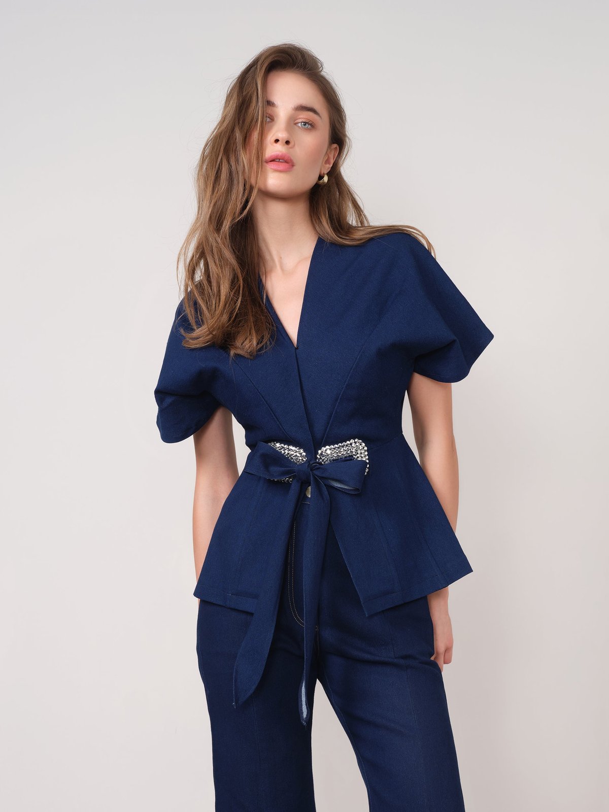 Dark Blue Denim Peplum Top with Rhinestone Waist Tie