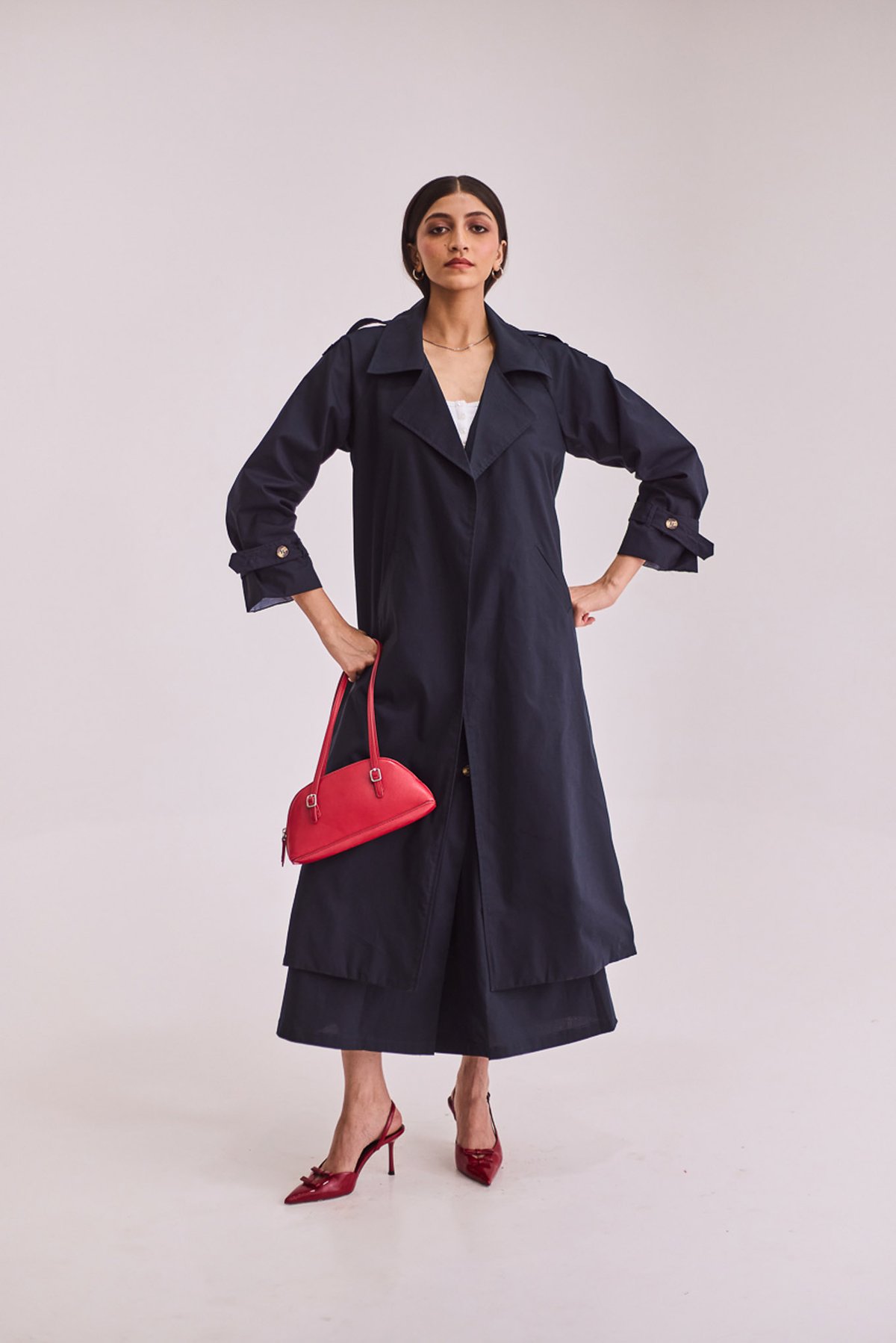 Navy Blue Trench Coat and Midi Skirt Co-ord Set