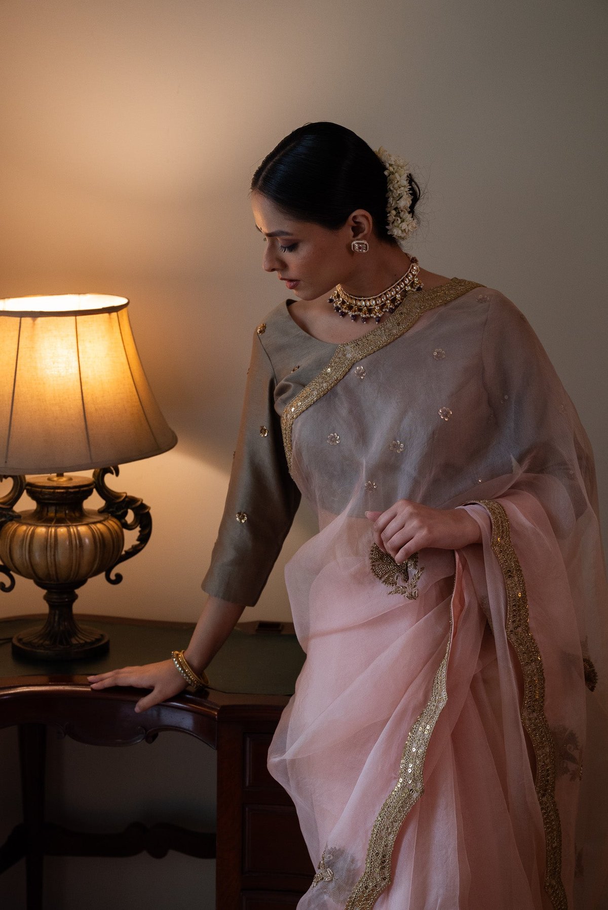 Nurjahan Organza Saree In Rose Pink