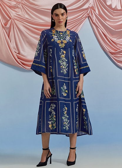 A.F Blue Floral Printed A-Line Kurta with Pleats