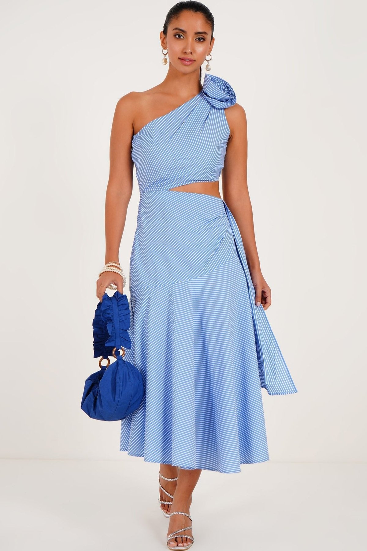 Blue Striped One-Shoulder Cut-Out Midi Dress