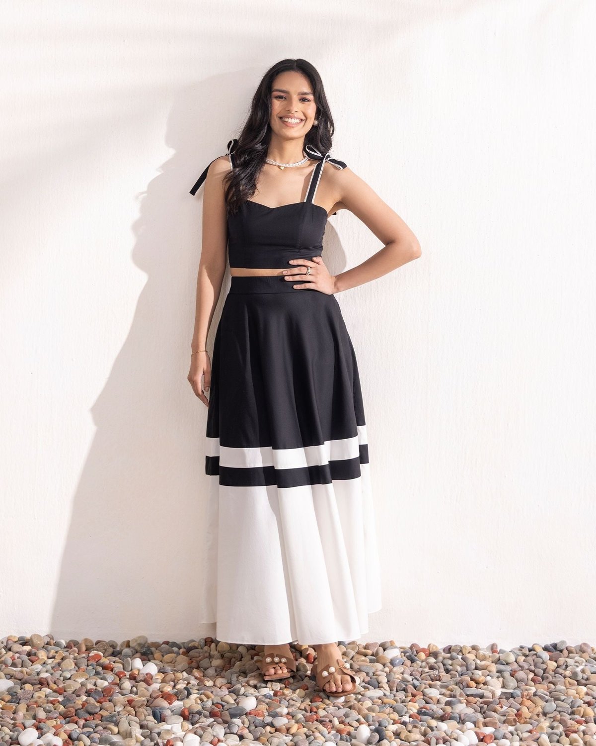 Black and White Crop Top and Maxi Skirt Co-ord Set