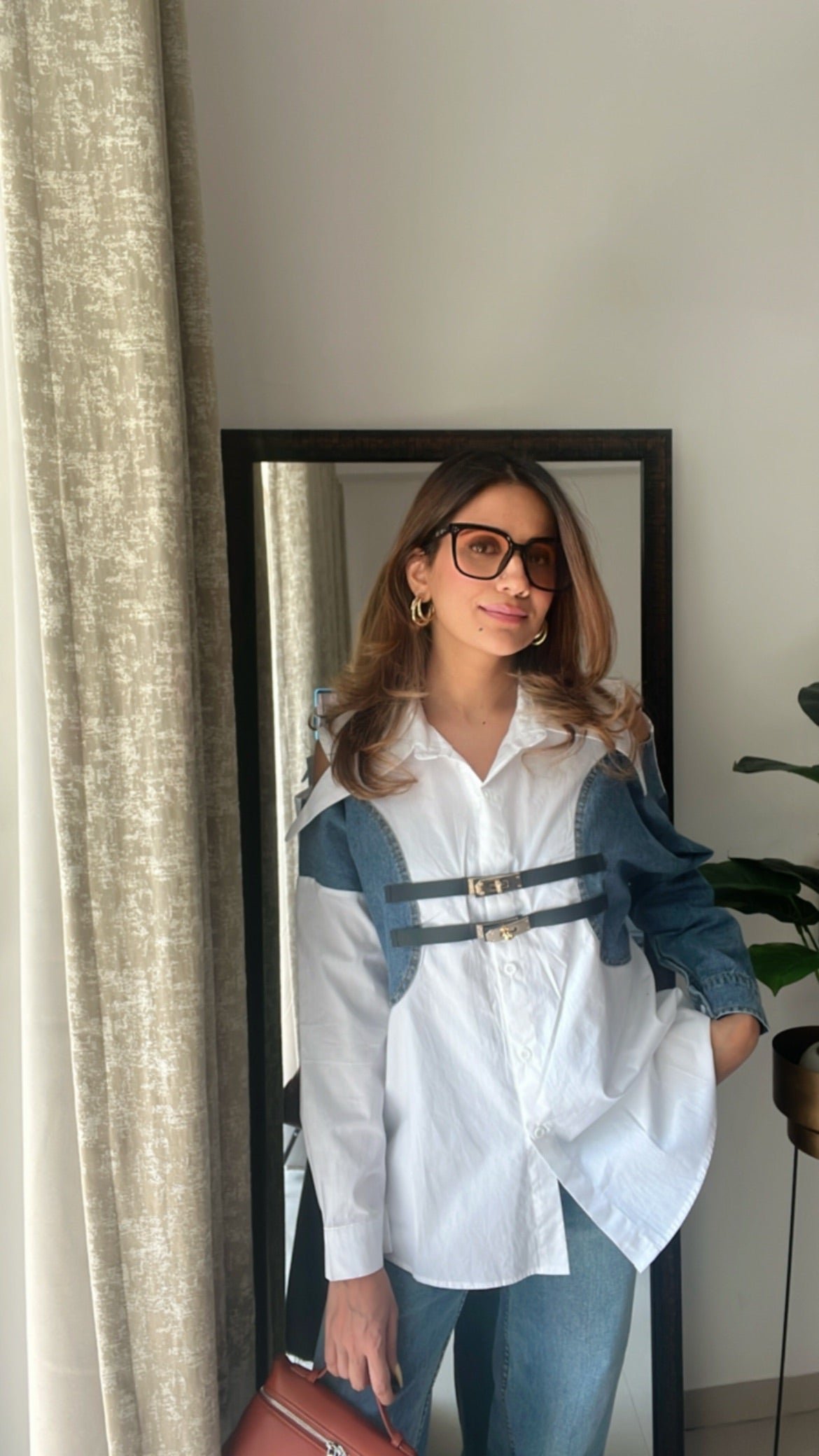 Denim Shoulder Cut Belt Detailed Poplin Shirt