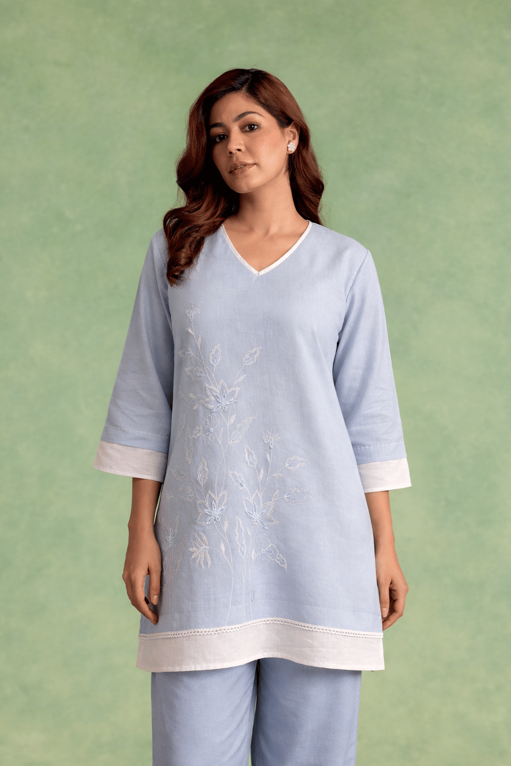 Old Blue Embroidered Handloom Linen Co-ord Set