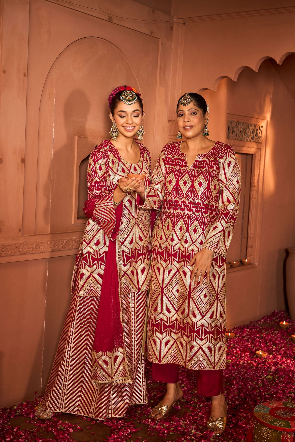 Red Geometric Zari Embroidered Kurta Sharara Set with Dupatta