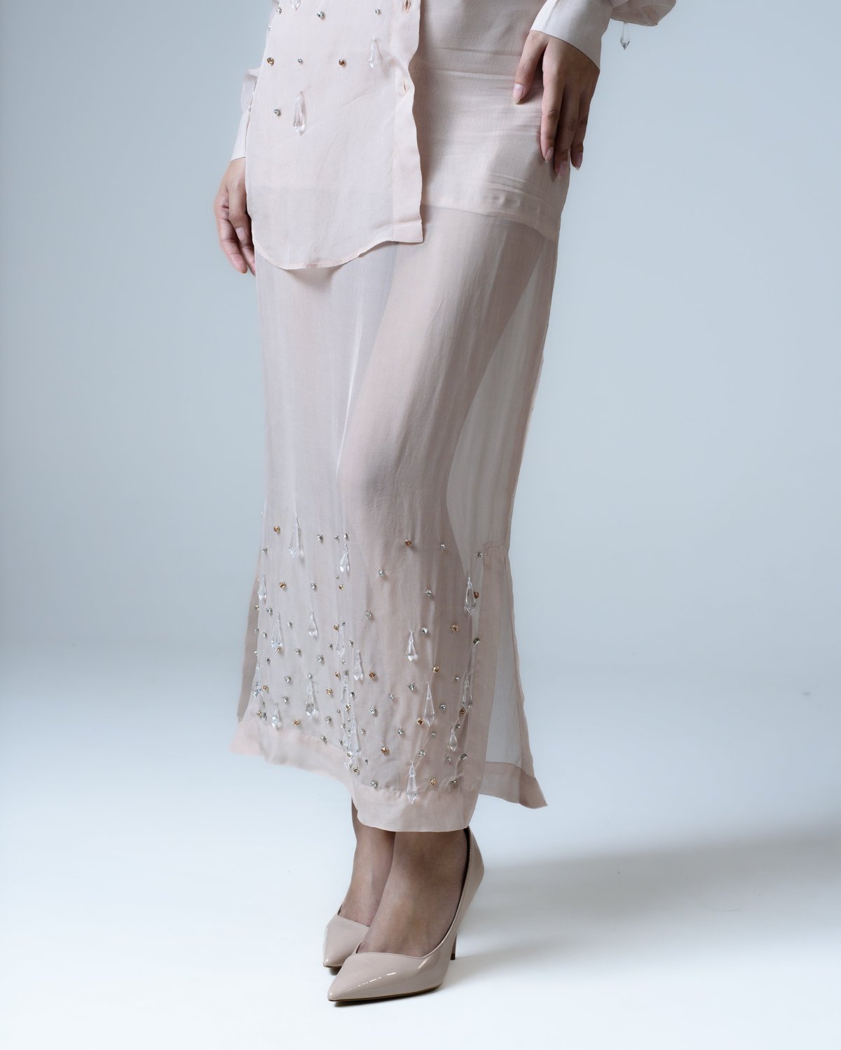 Powder Pink Organza Midi Skirt with Embellished Hem