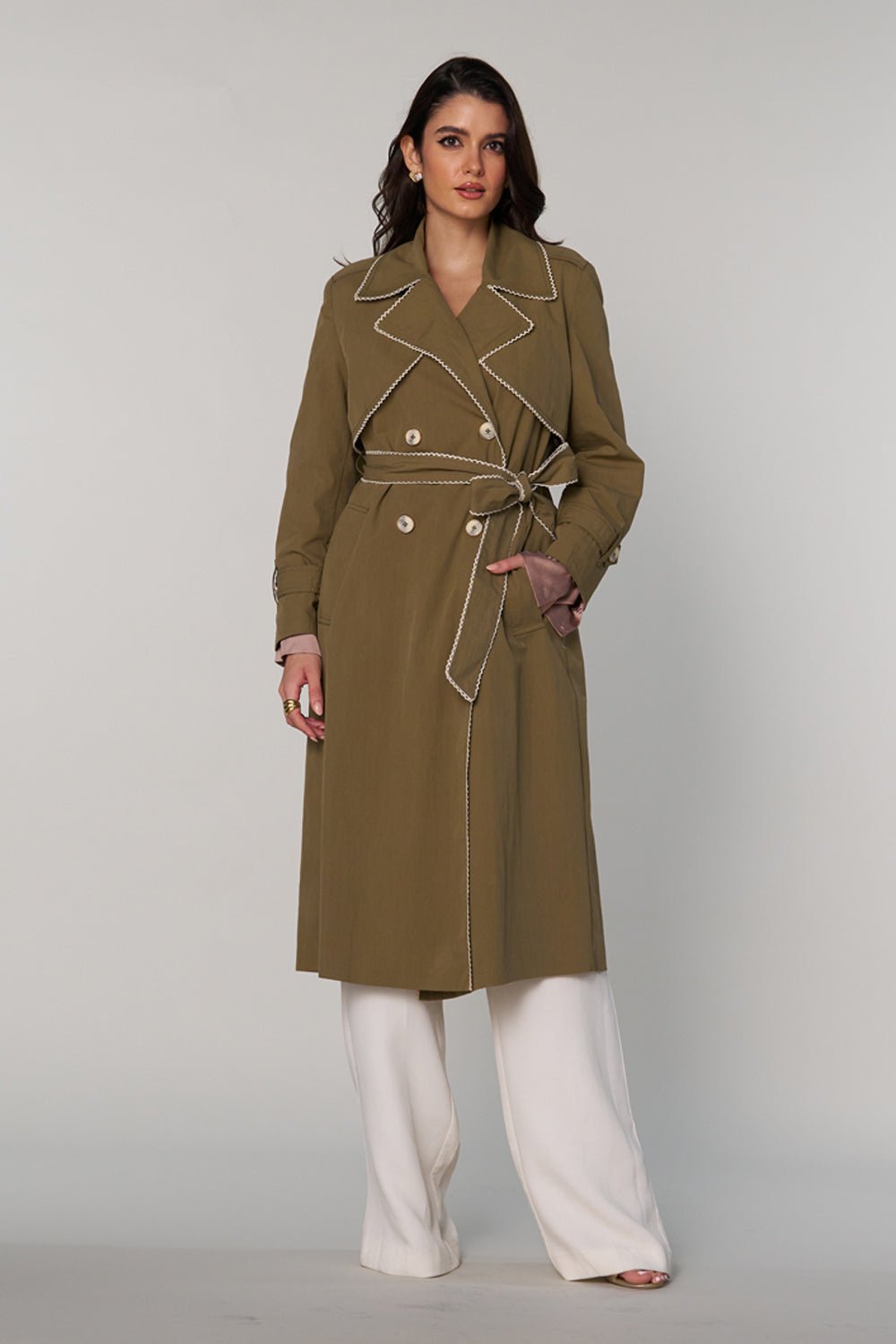 Khaki Long Trench Coat with Lace Trim and Belt