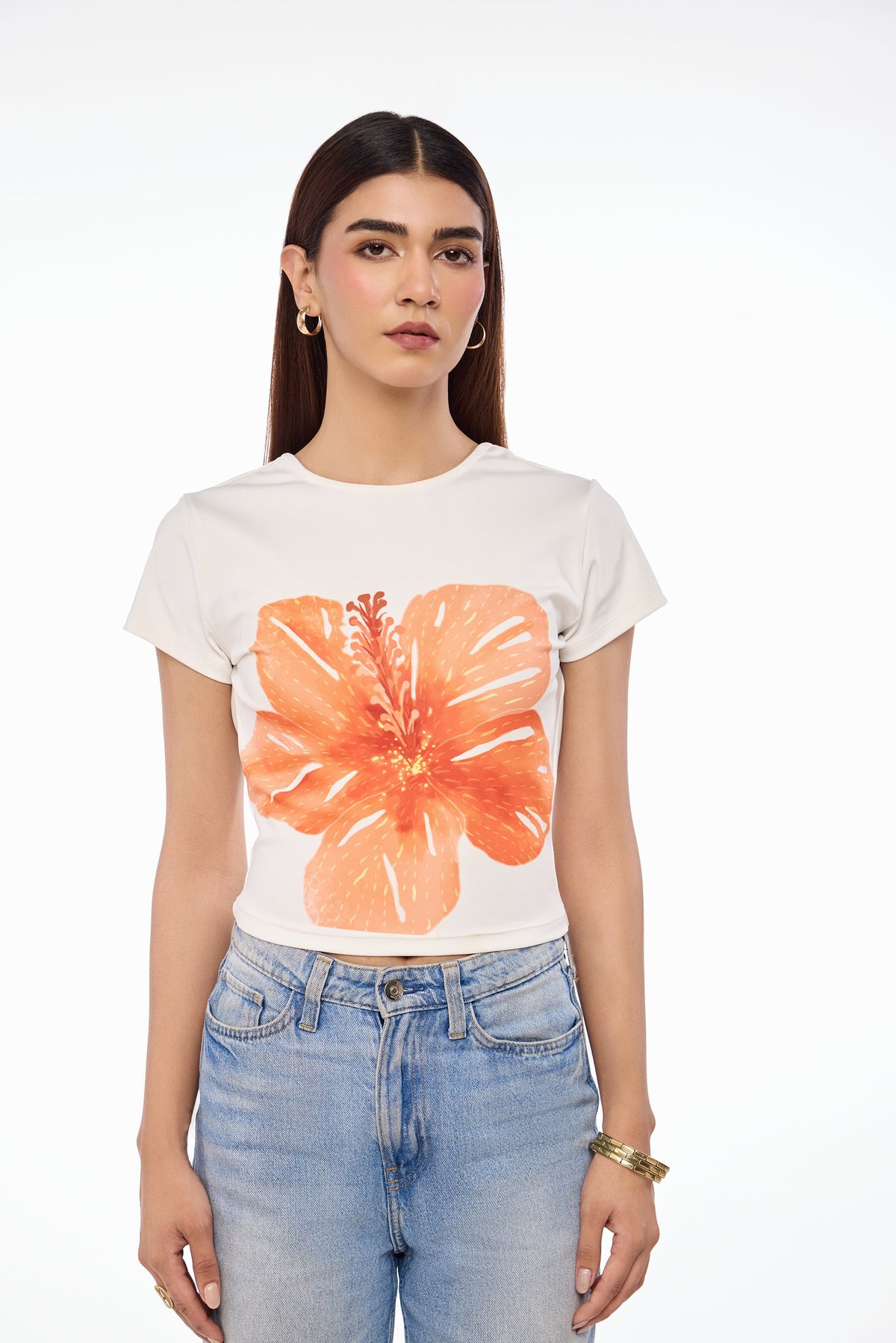White Backless Cropped Baby Tee with Hibiscus Graphic