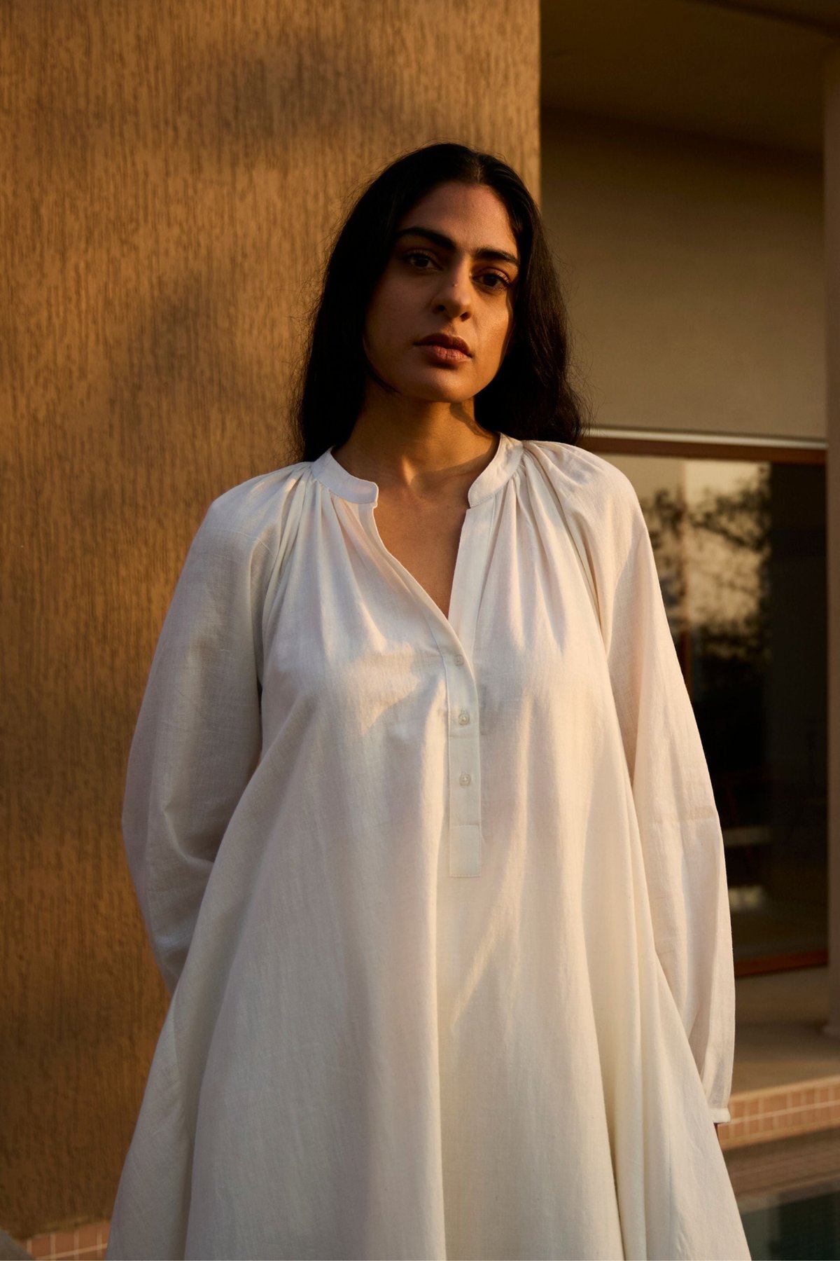 White Khadi Cotton A-Line High-Low Midi Dress